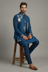 Blue Jodhpuri Kurta Set in Silk with Multi Colored Embroidery and Beads Work Jacket