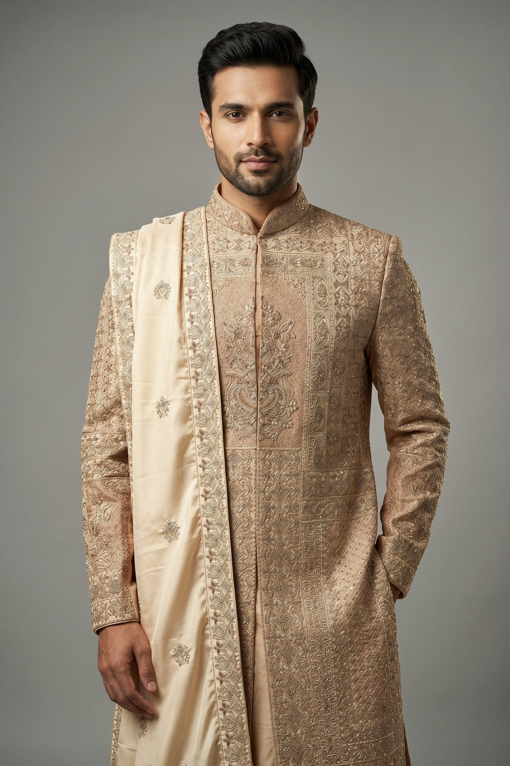 Beige Silk Embroidered Sherwani