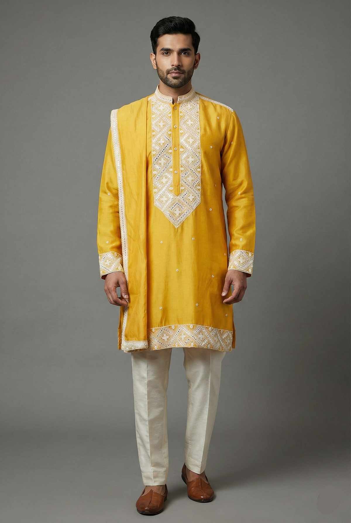 Yellow Silk Mirror Embroidered Kurta Pajama