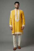Yellow Silk Mirror Embroidered Kurta Pajama