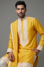 Yellow Silk Mirror Embroidered Kurta Pajama