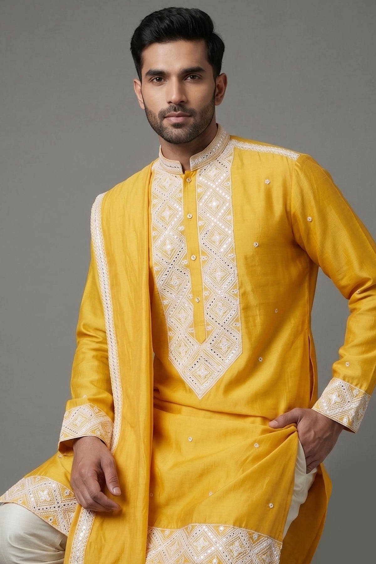 Yellow Silk Mirror Embroidered Kurta Pajama