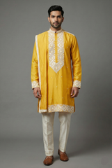 Yellow Silk Mirror Embroidered Kurta Pajama