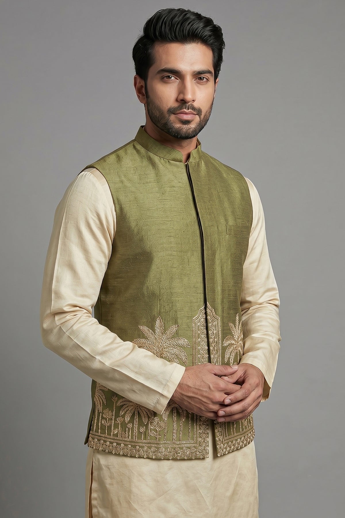 Olive Green Modal Silk Kurta Set with Zardosi Cutdana Worked Jacket