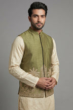 Olive Green Modal Silk Kurta Set with Zardosi Cutdana Worked Jacket
