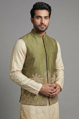 Olive Green Modal Silk Kurta Set with Zardosi Cutdana Worked Jacket