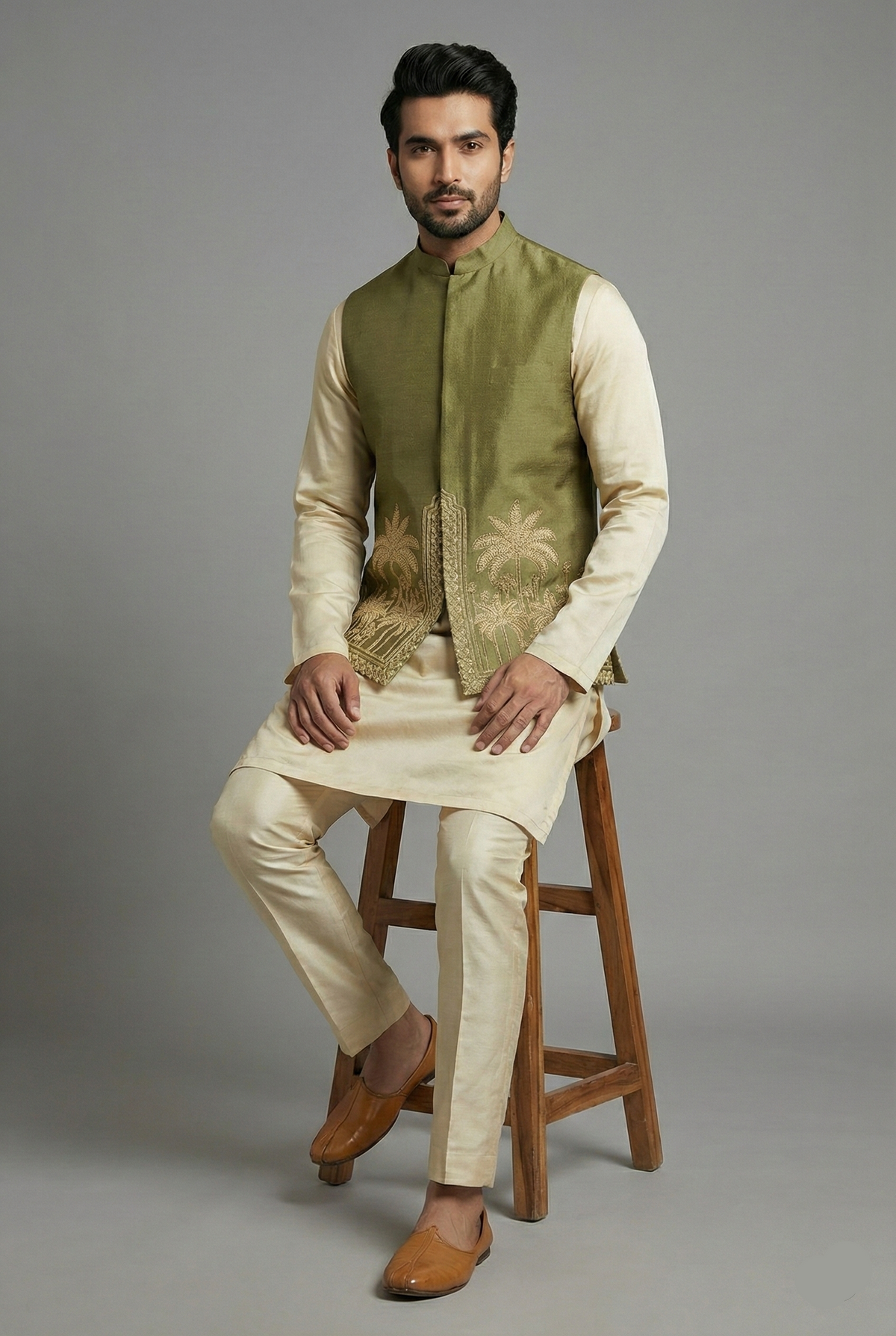 Olive Green Modal Silk Kurta Set with Zardosi Cutdana Worked Jacket