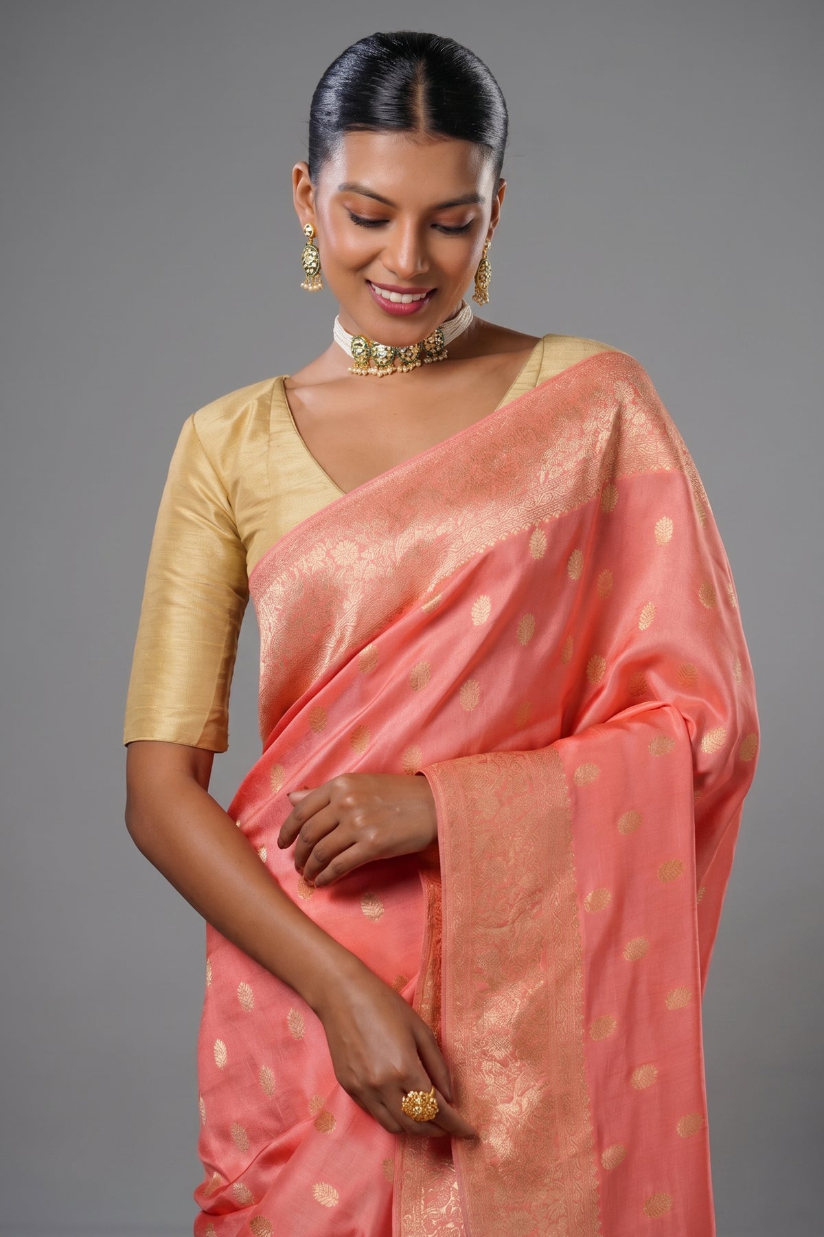 Flamingo Pink Woven Butti Saree in Muga Silk with Elephant and Peacock Motifs
