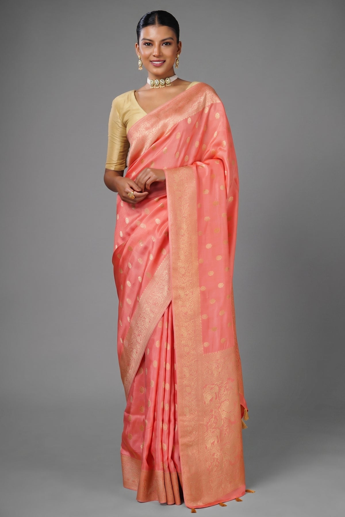 Flamingo Pink Woven Butti Saree in Muga Silk with Elephant and Peacock Motifs
