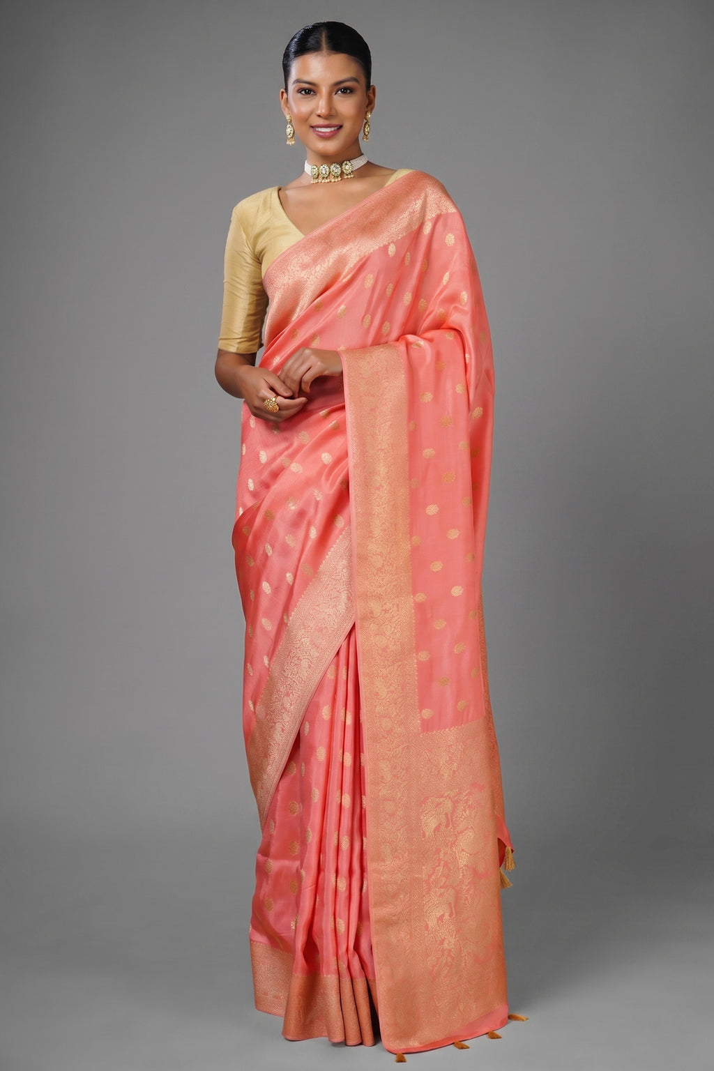 Flamingo Pink Woven Butti Saree in Muga Silk with Elephant and Peacock Motifs