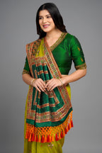 Olive Green Silk Broad Embroidered Border Saree with Tassels
