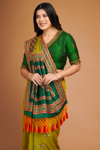 Olive Green Silk Broad Embroidered Border Saree with Tassels