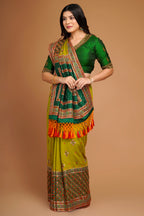 Olive Green Silk Broad Embroidered Border Saree with Tassels