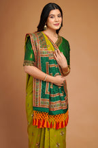 Olive Green Silk Broad Embroidered Border Saree with Tassels