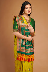 Olive Green Silk Broad Embroidered Border Saree with Tassels