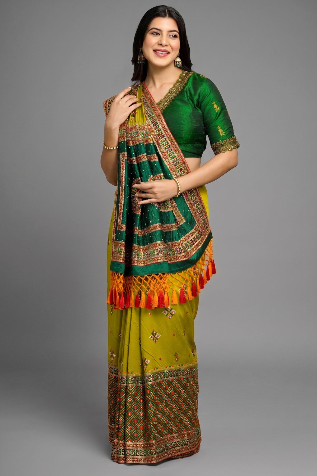 Olive Green Silk Broad Embroidered Border Saree with Tassels