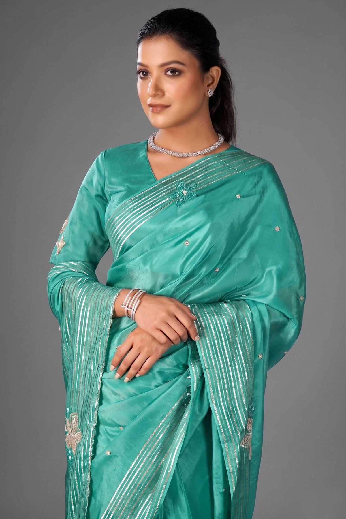 Sea Green Tissue Silk Saree with Sequin Border