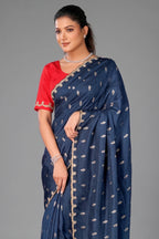 Peacock Blue Embroidery and Sequins Work Saree in Art Silk