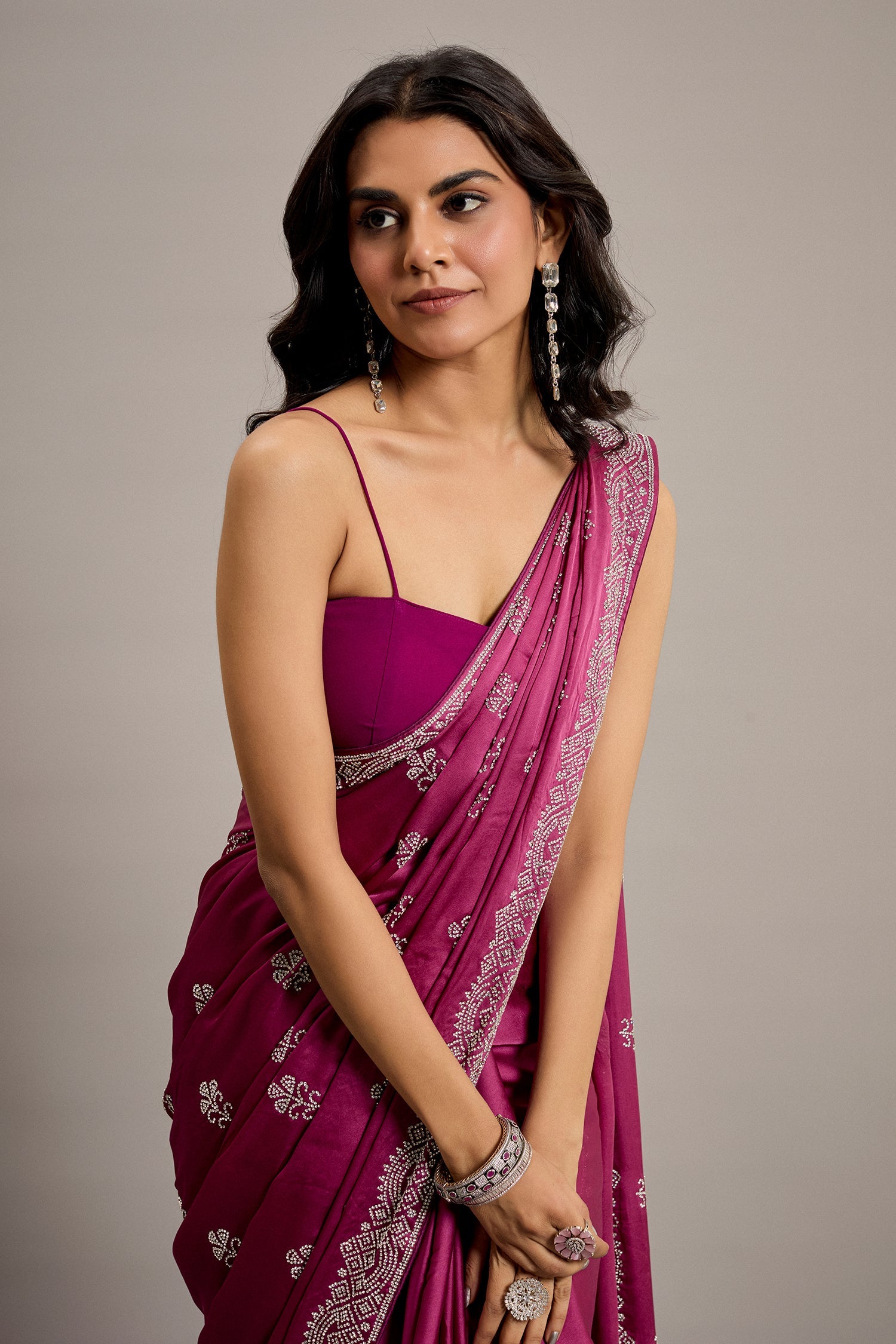 Mauve Purple Satin Crepe Silk Diamond and Swarovski Embellishment Saree