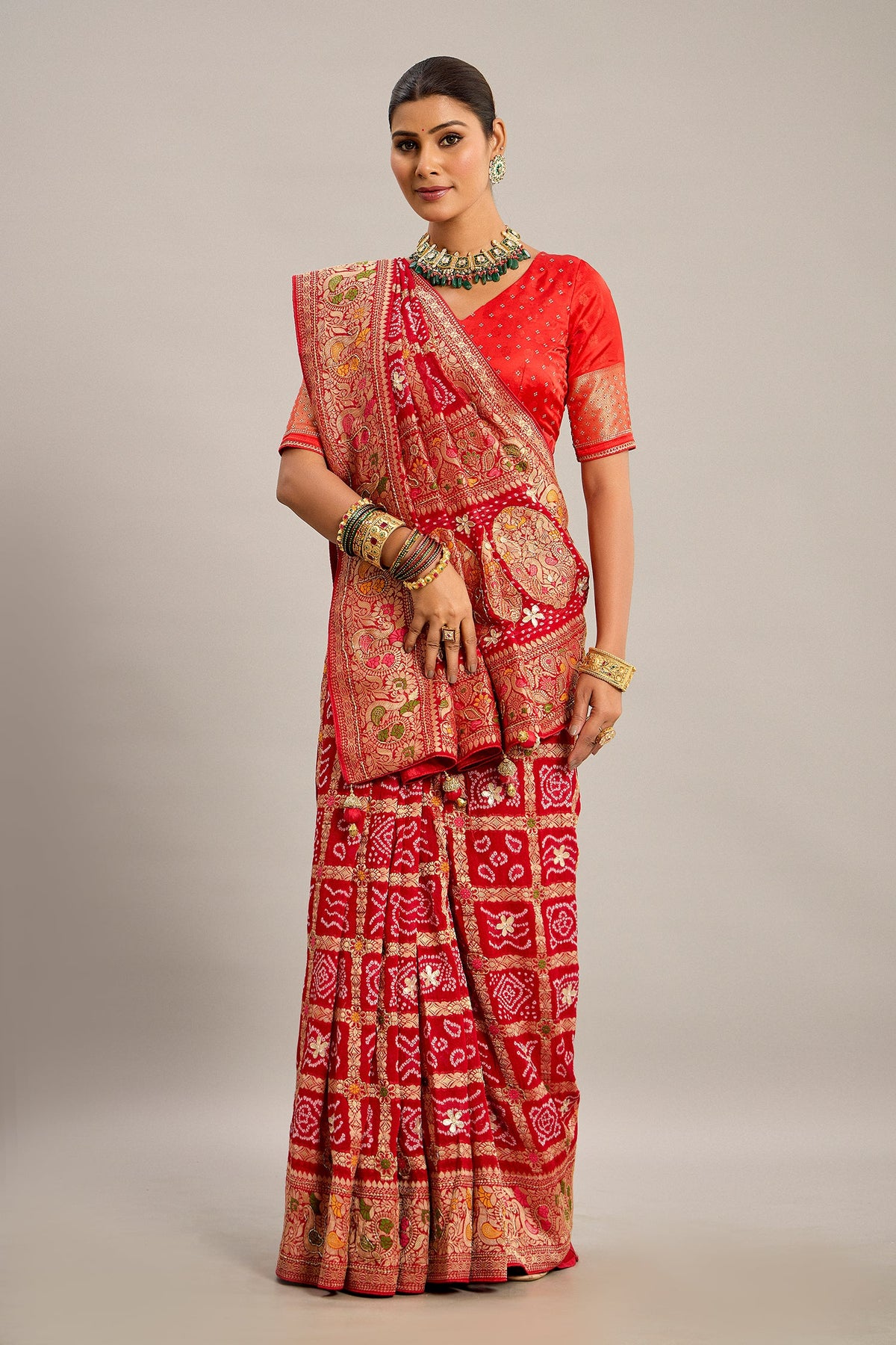Red Georgette Checks Bandhej Woven Saree with Pitta and Cutdana Work