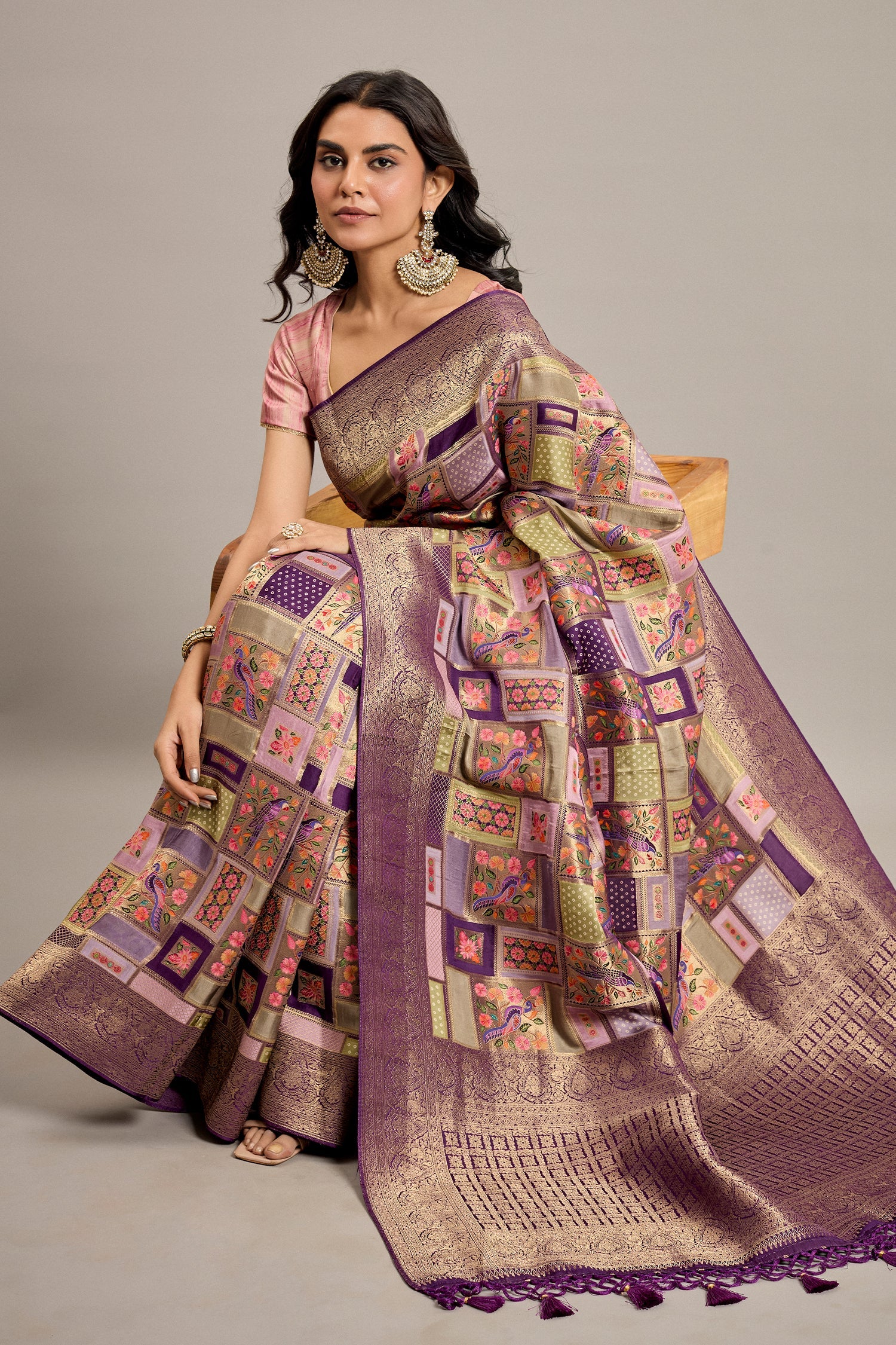 Purple Satin Silk with All Over Weaving