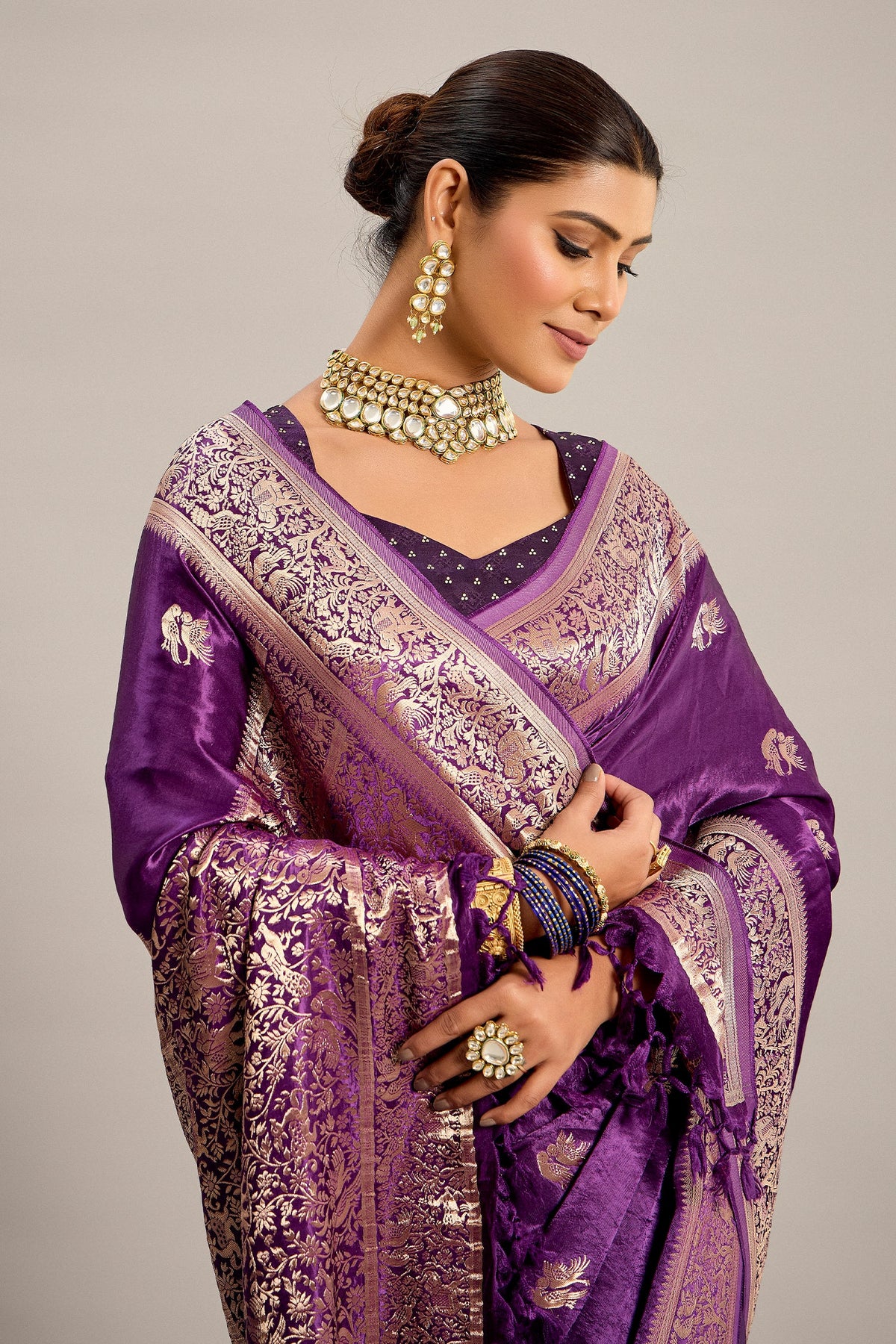 Palatinate Purple Satin Silk Bird and Animal Motif Woven Saree
