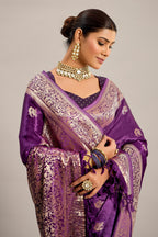 Palatinate Purple Satin Silk Bird and Animal Motif Woven Saree