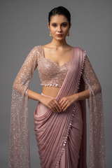 Lavender Satin Silk Ready to Wear Saree with Sequin Cutdana Work Cape Sleeved Blouse