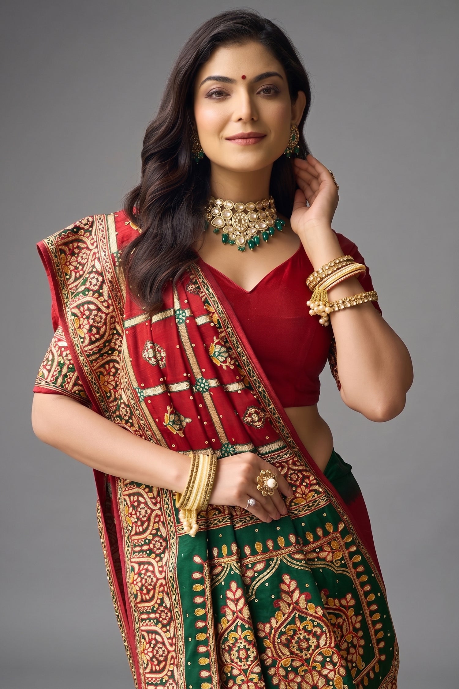 Maroon Semi Silk Checks Embroidered Traditional Gharchola Saree Secondary image