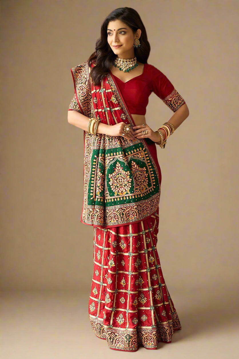 Maroon Semi Silk Checks Embroidered Traditional Gharchola Saree