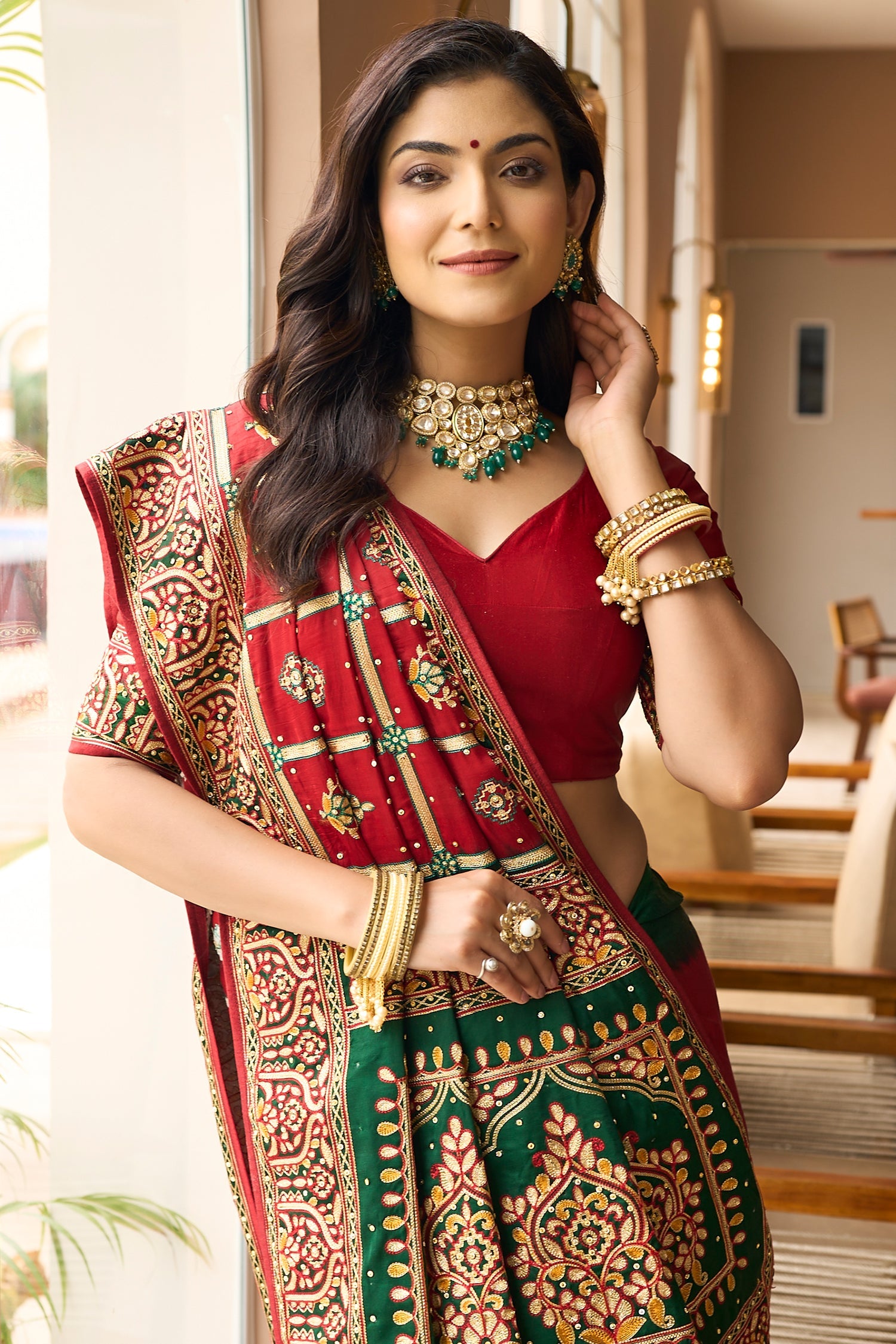 Maroon Semi Silk Checks Embroidered Traditional Gharchola Saree