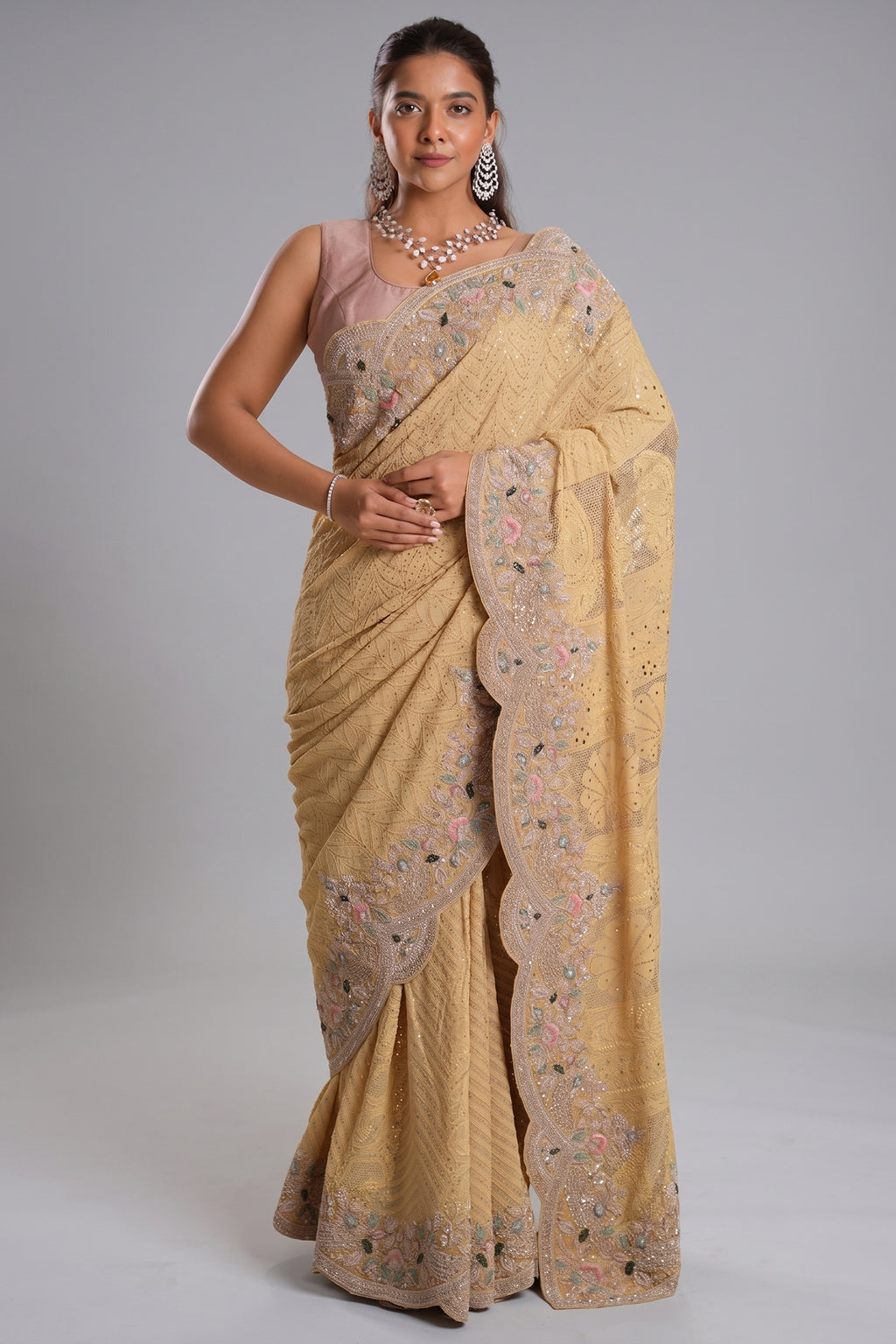 Light Yellow Designer Lucknowi Chikankari and Zardosi Worked Saree with Mukaish Work