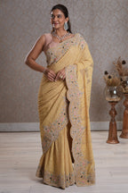Light Yellow Designer Lucknowi Chikankari and Zardosi Worked Saree with Mukaish Work