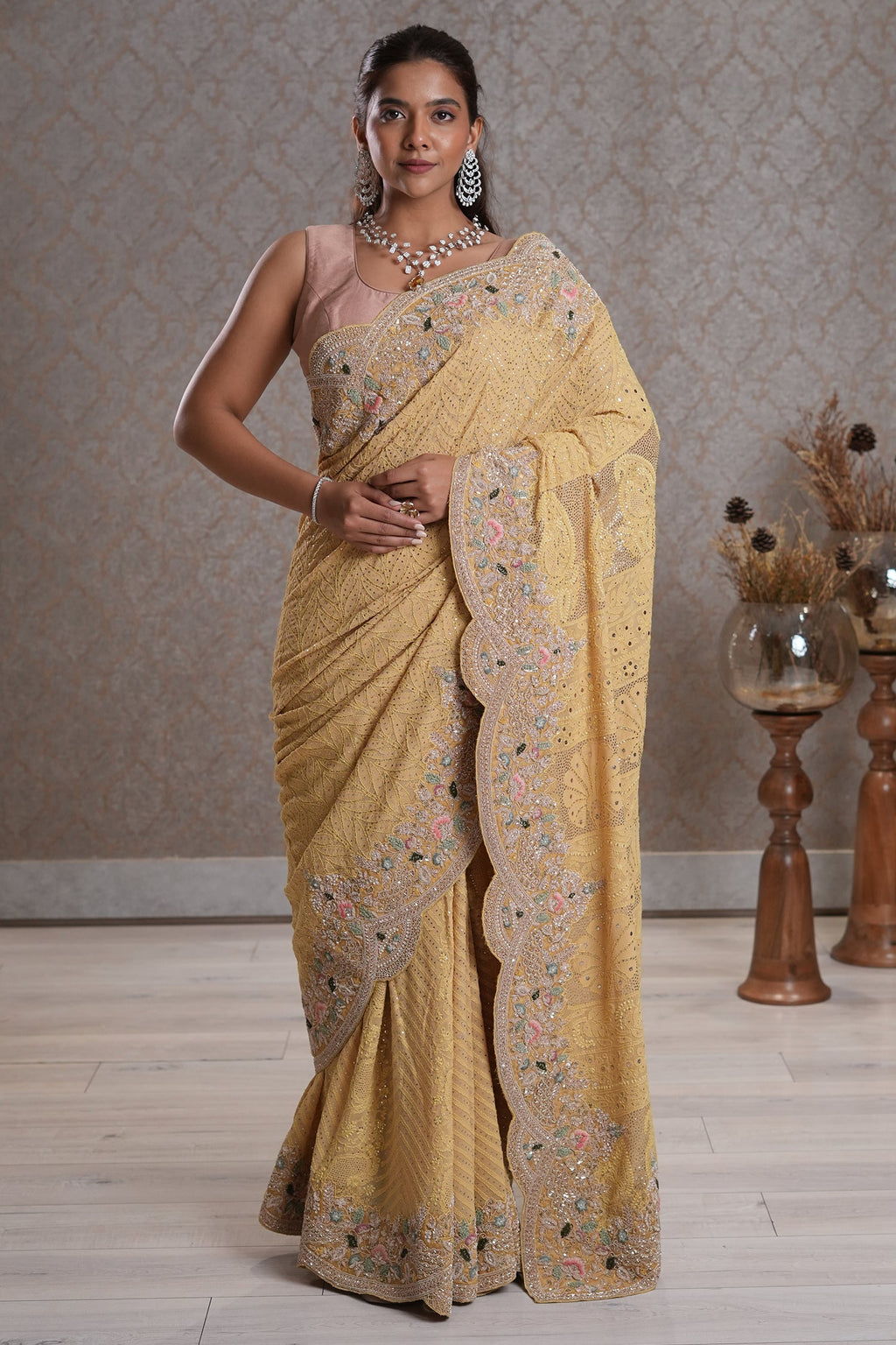 Light Yellow Designer Lucknowi Chikankari and Zardosi Worked Saree with Mukaish Work