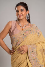 Light Yellow Designer Lucknowi Chikankari and Zardosi Worked Saree with Mukaish Work