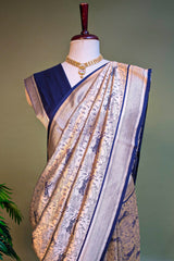 Blue and Champagne Silver Silk Animal Motif Saree