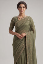 Olive Green Organza Saree with Cutdana and Diamond Work