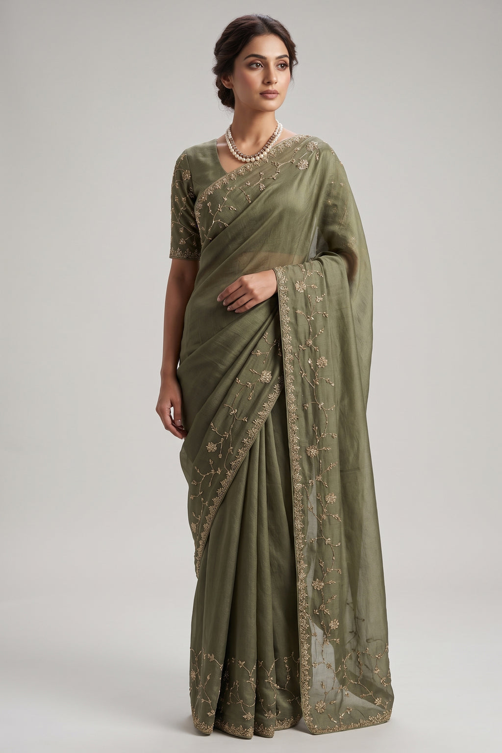 Olive Green Organza Saree with Cutdana and Diamond Work