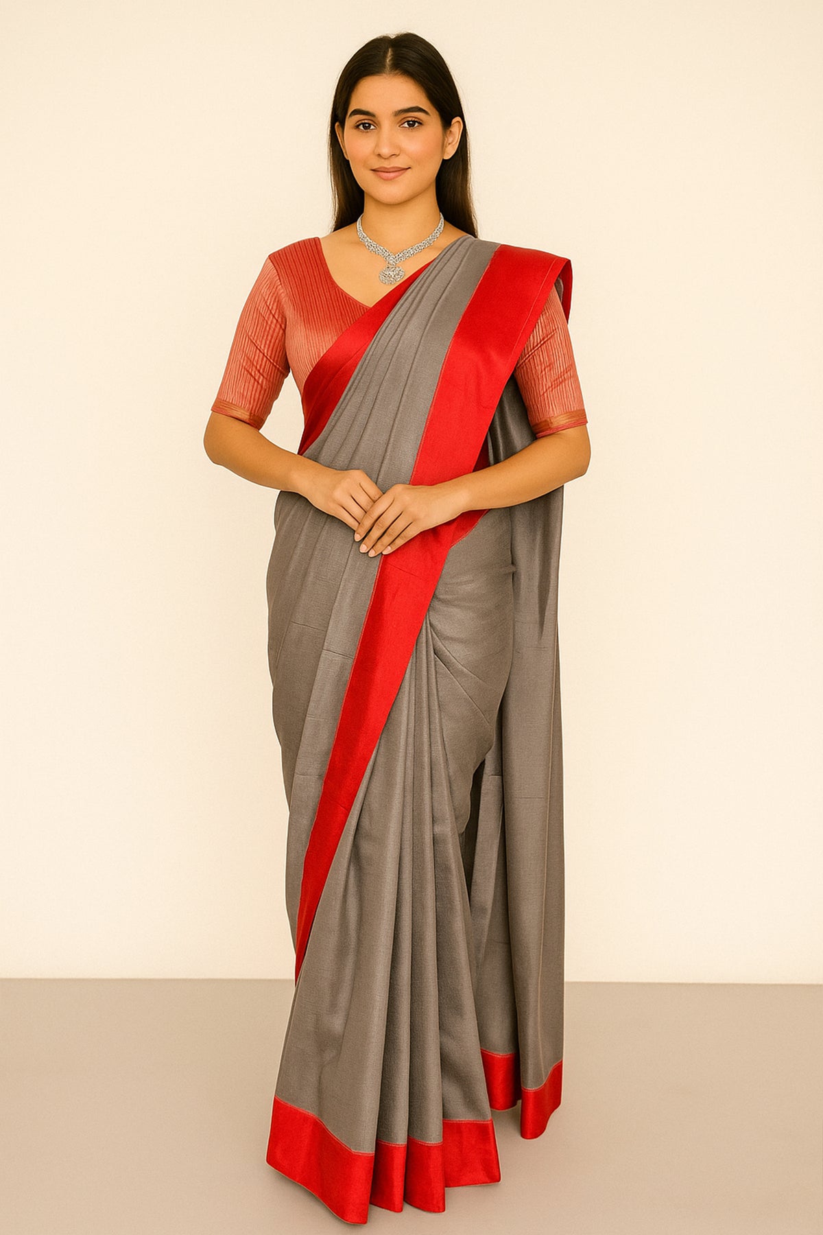 Grey and Red Modal Silk Saree