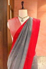 Grey and Red Modal Silk Saree