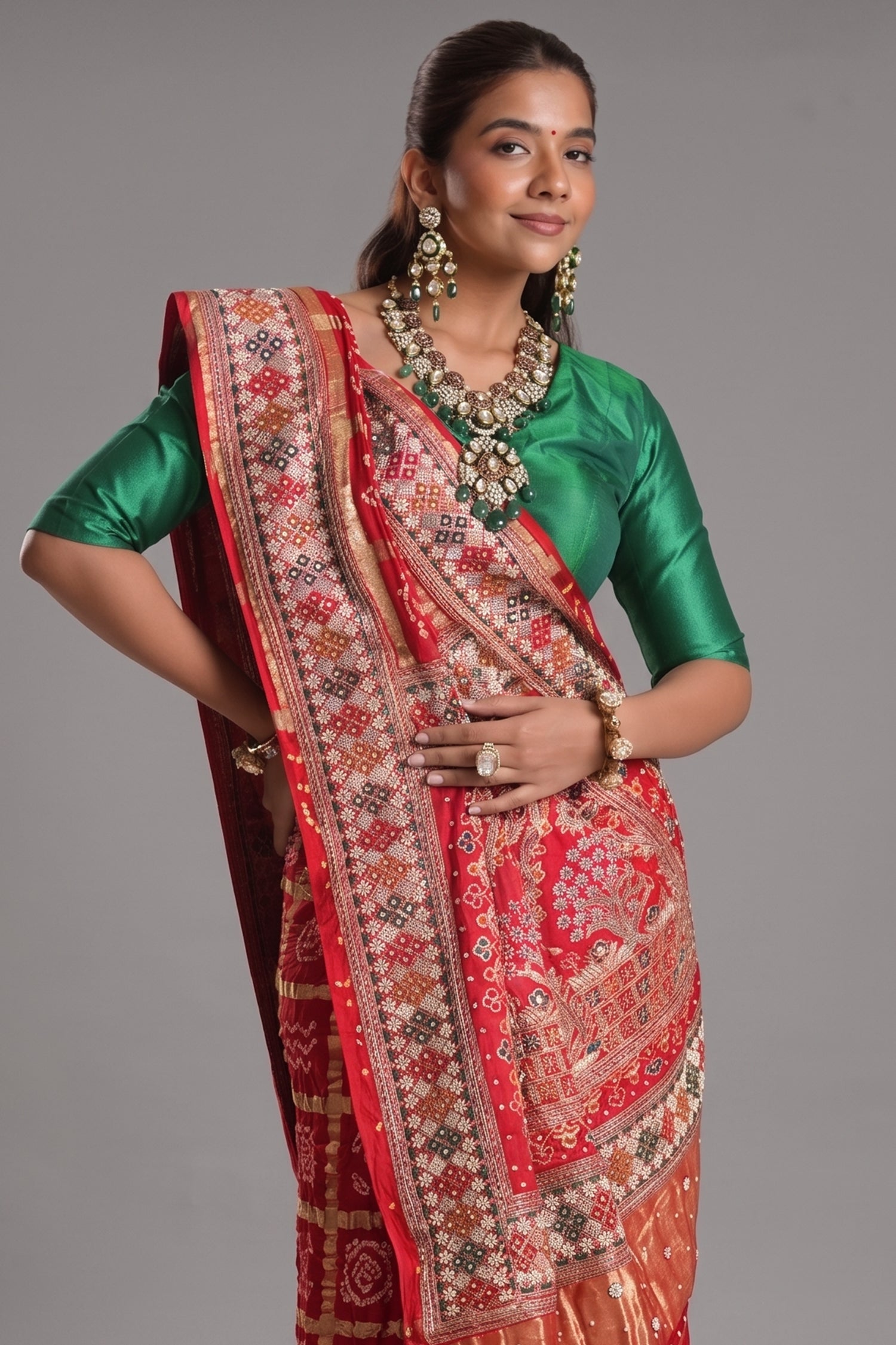 Red Cotton Traditional Checks Gharchola Saree with Handwork Secondary image