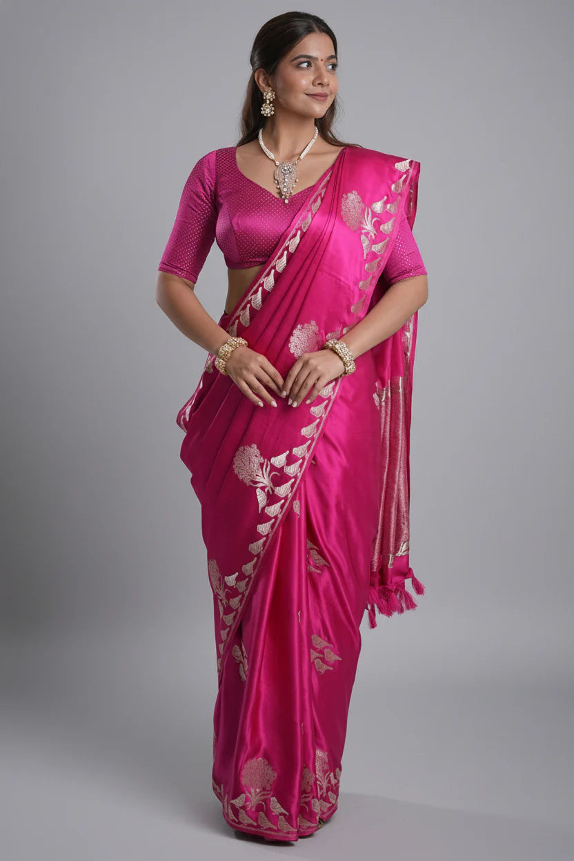 Rani Pink Mango Silk Bird Motif Saree