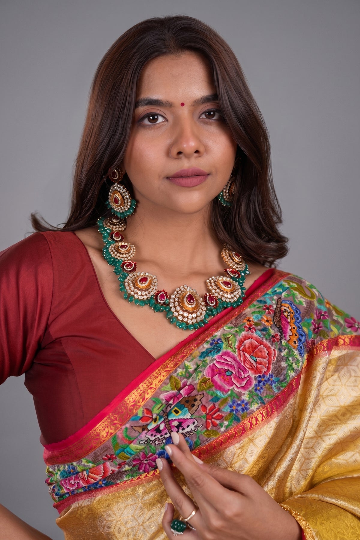 Golden Kanchipuram Silk Woven Saree with Petit Point Embroidery Border