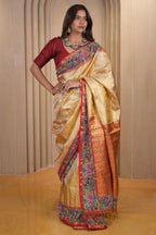 Golden Kanchipuram Silk Woven Saree with Petit Point Embroidery Border