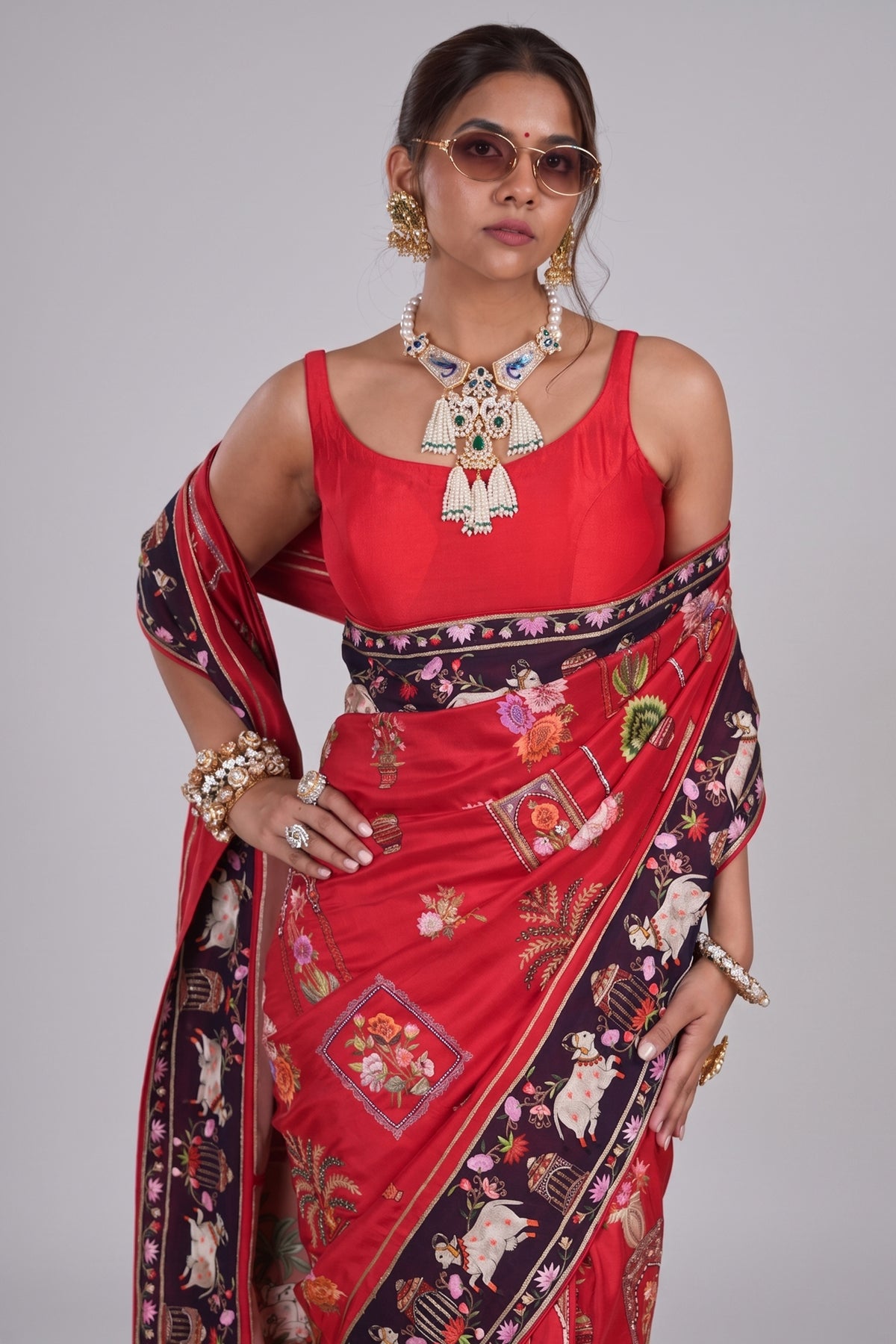 Red Silk Traditional All Over Pichwai Embroidered Saree