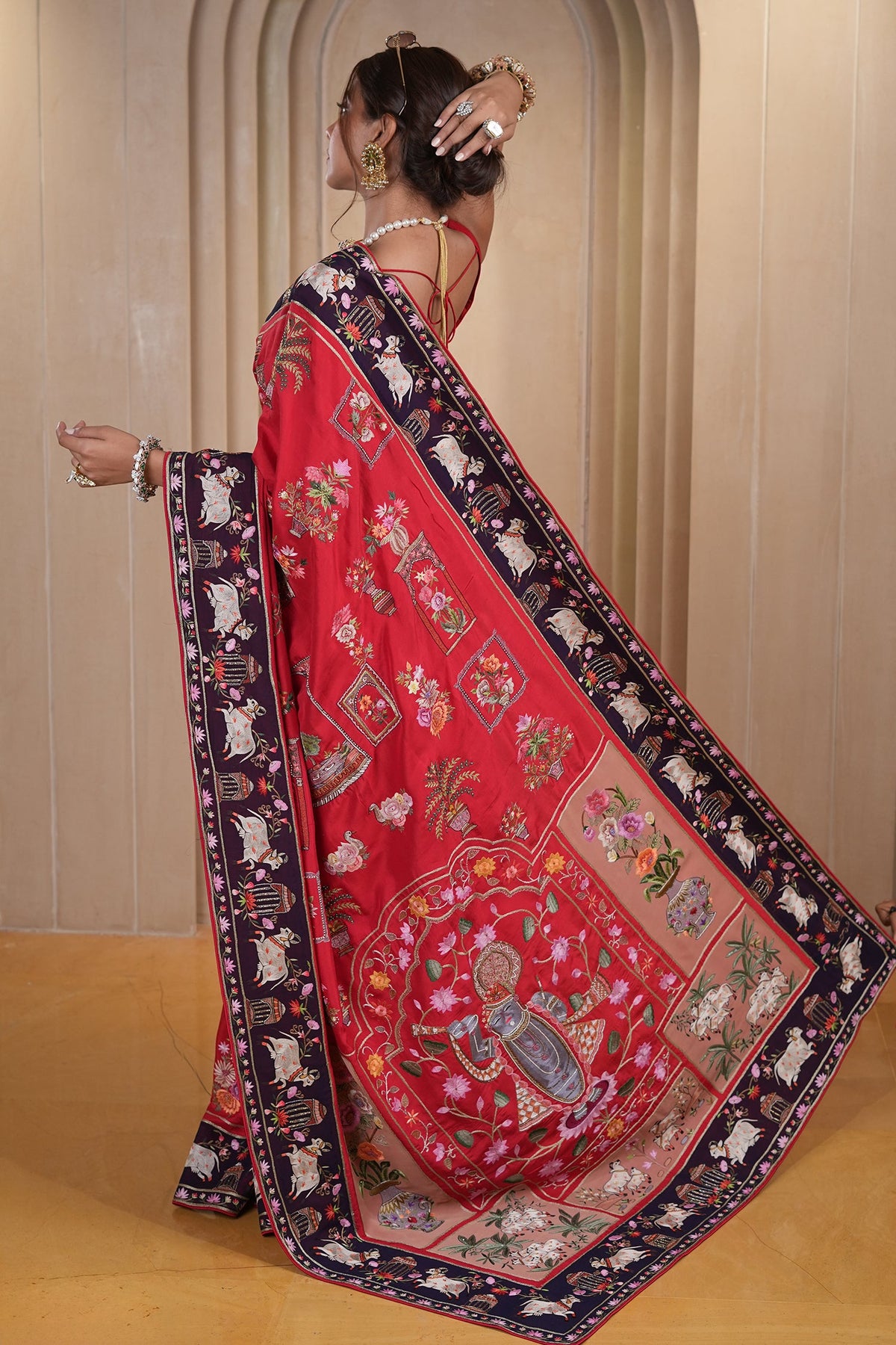 Red Silk Traditional All Over Pichwai Embroidered Saree