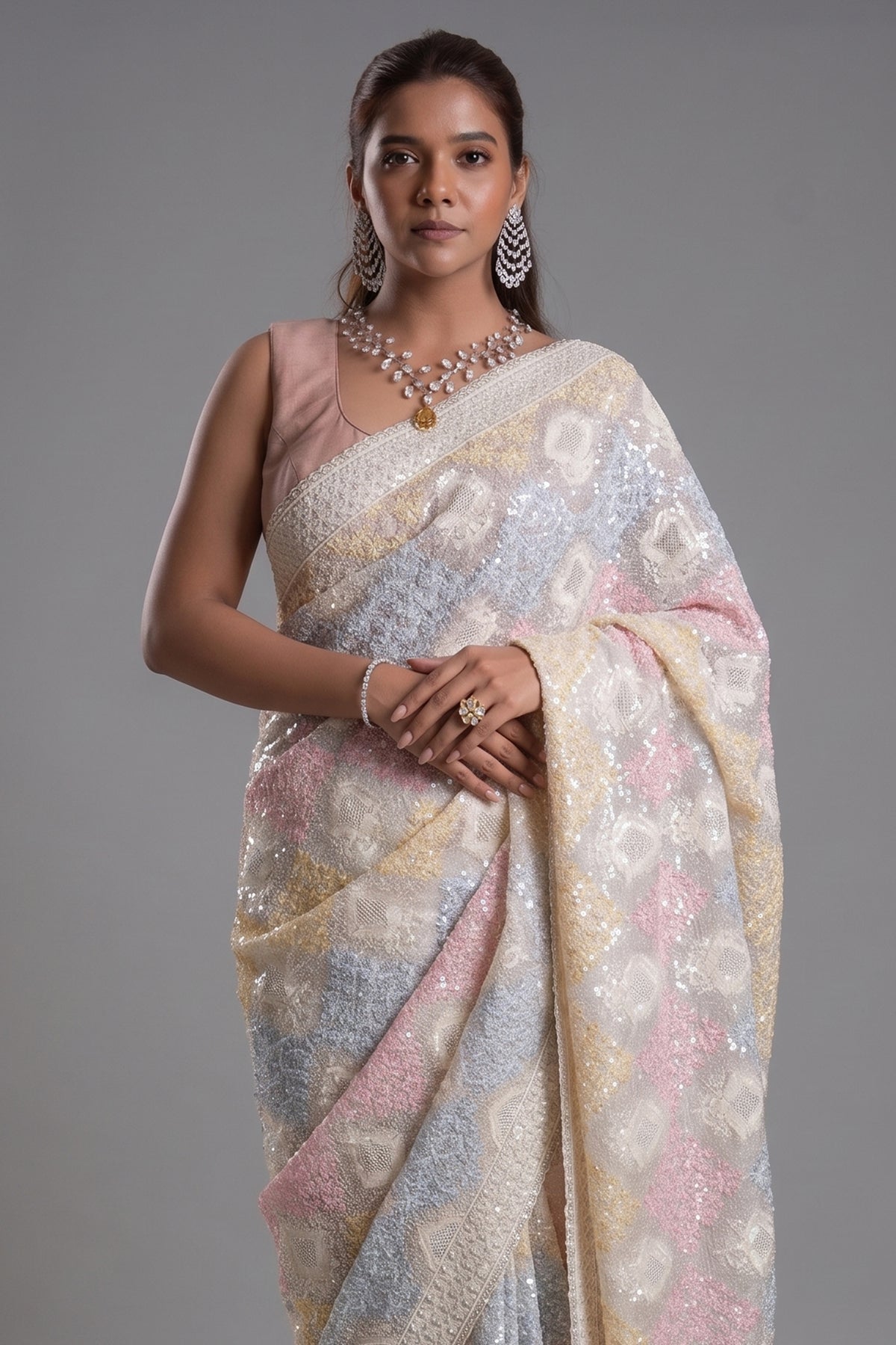 Off White and Multi Colored Organza All Over Lucknowi Embroidery and Sequin Worked Saree