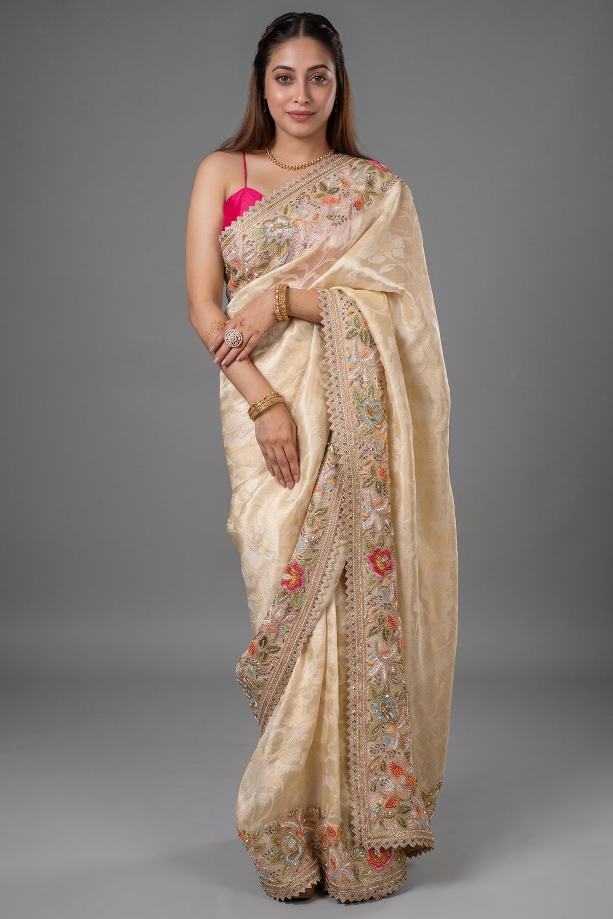 Golden Dola Silk Floral Woven Saree with Sequin Cutdana and Resham Work Border