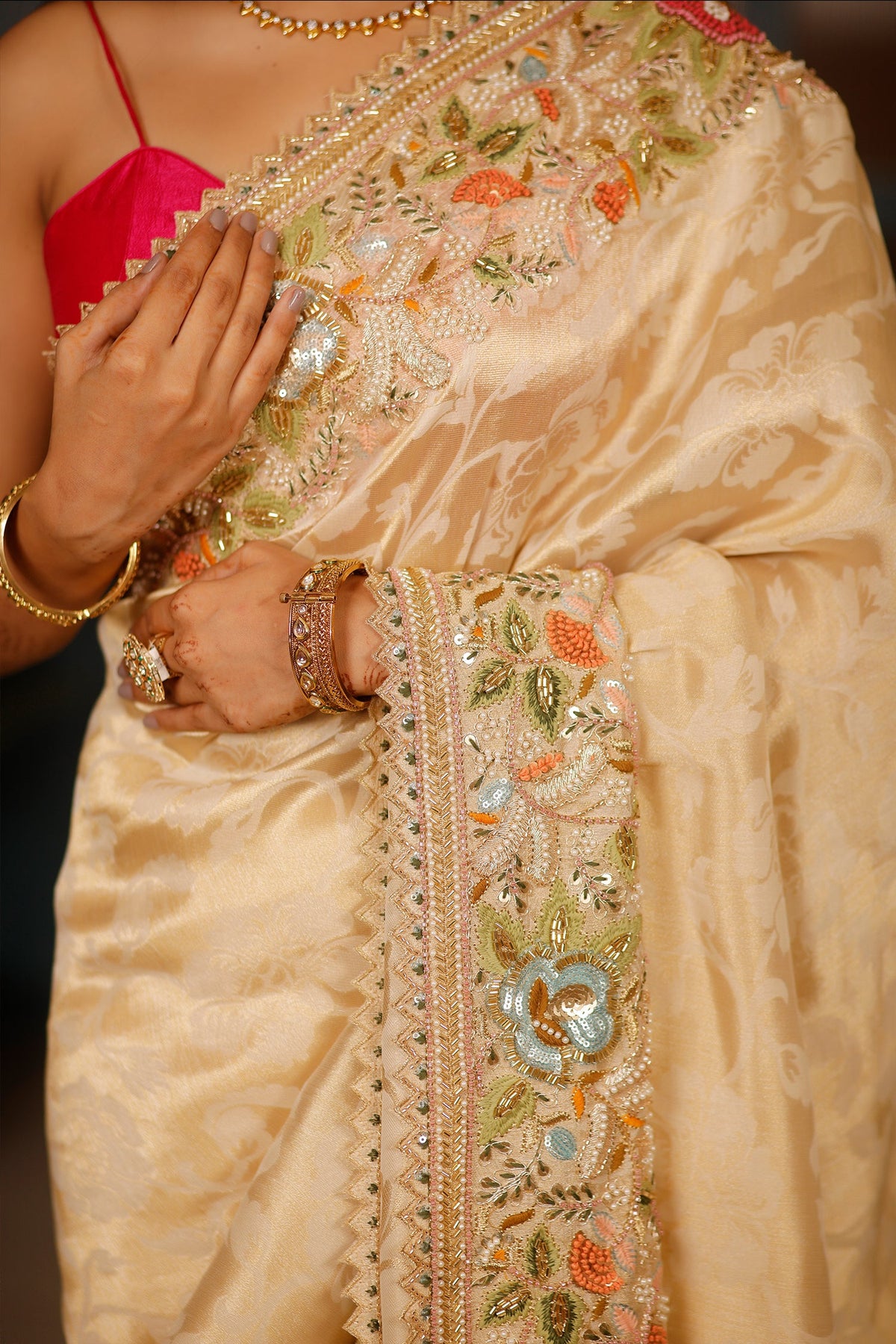 Golden Dola Silk Floral Woven Saree with Sequin Cutdana and Resham Work Border