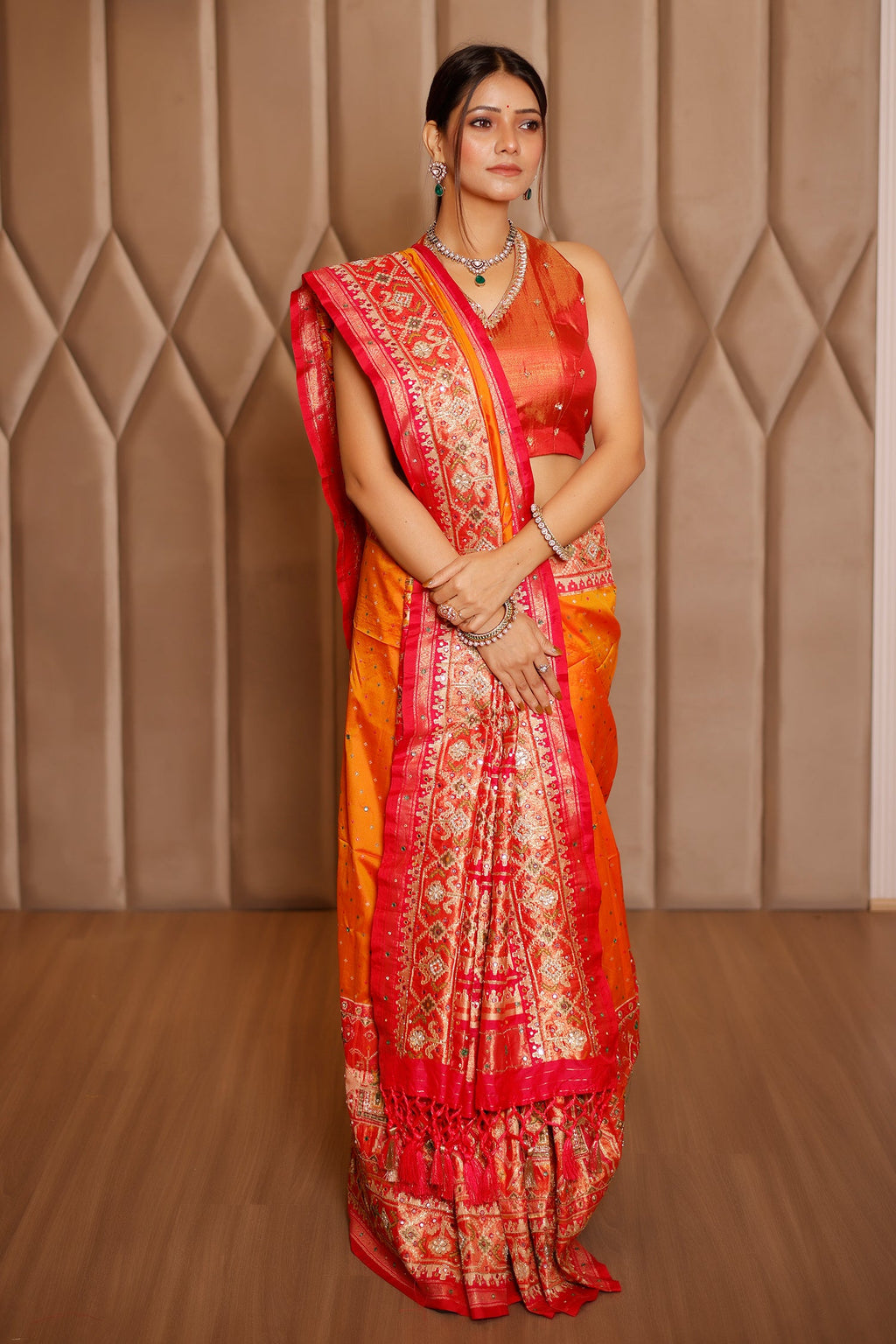 Orange Banarasi Silk Traditional Saree with Contrast Broad Patola Border